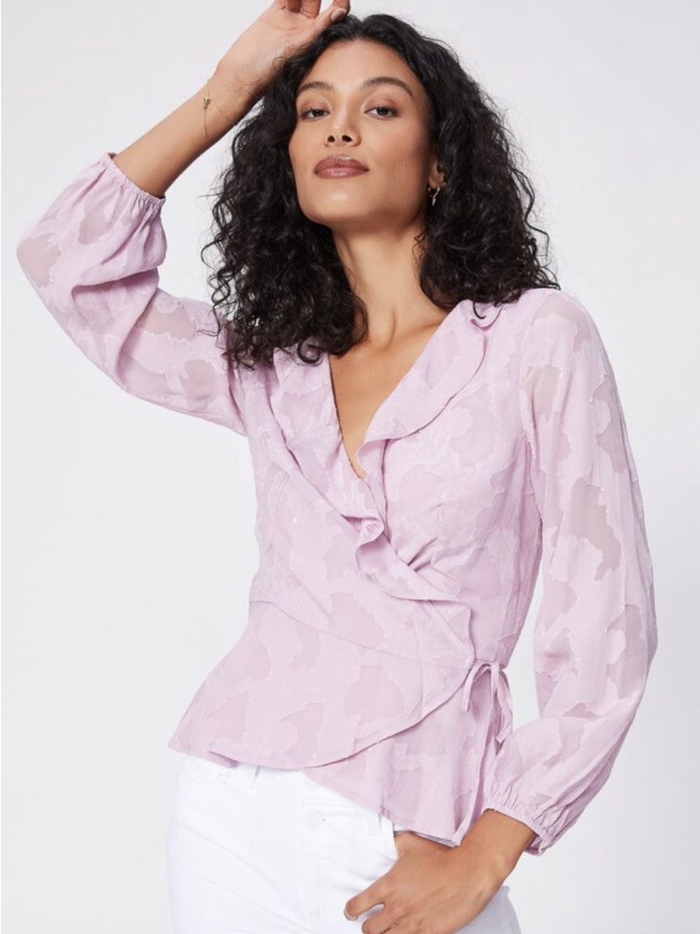 PAIGE Lilac Floral Shadow Ruffle Wrap 100% Silk Blouse - XS